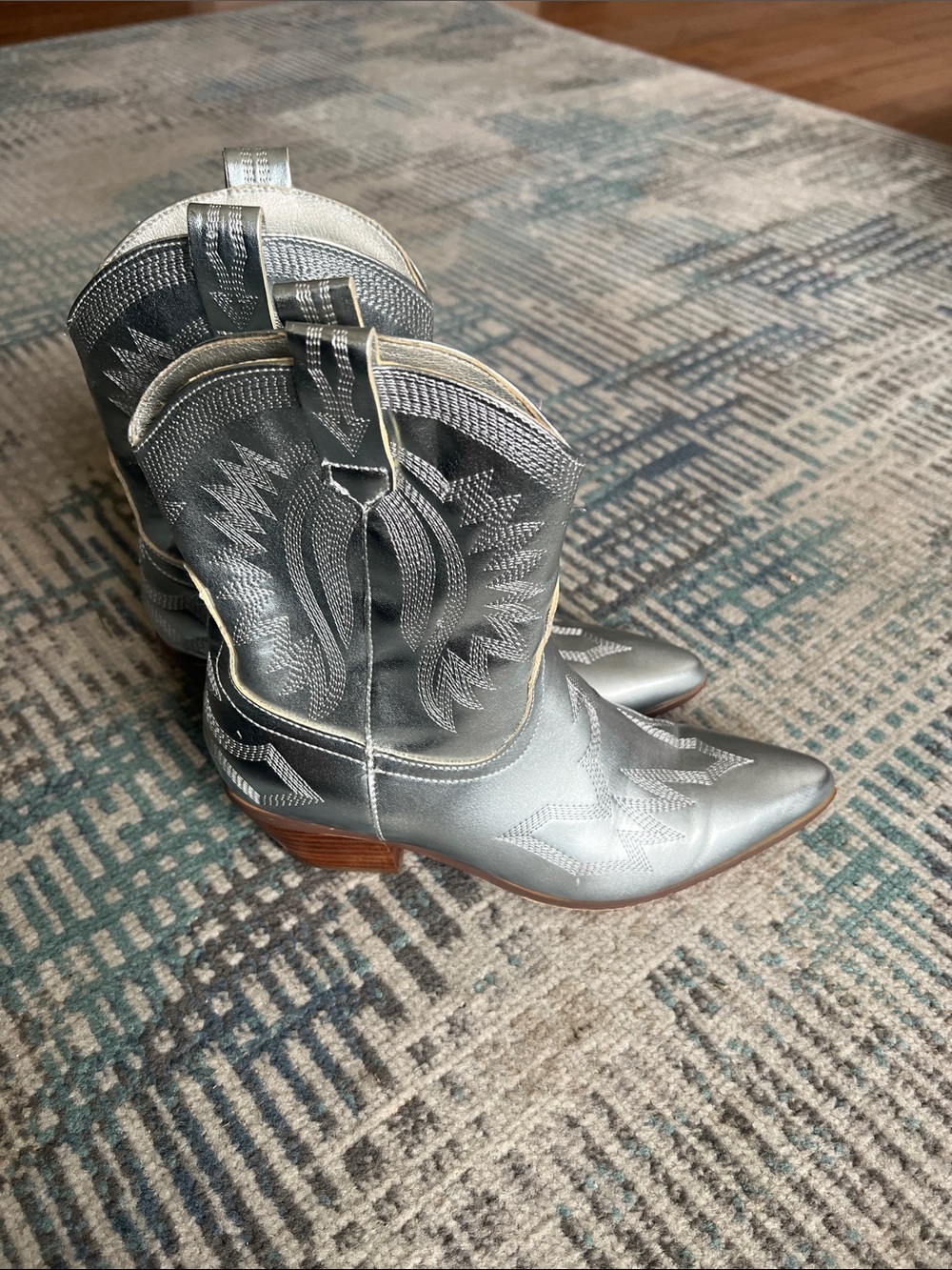 Metallic Silver Blue Cowboy Boots Western Embroidered Pointed Toe 6.5